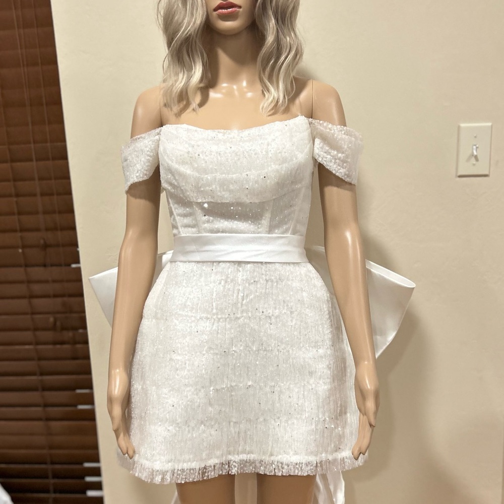 White Off The Shoulder Wedding Dress With A Short Front and Long Train